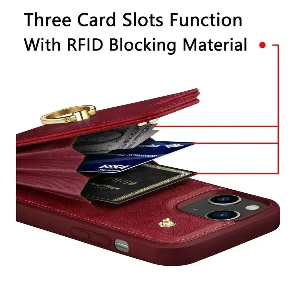 Faux Leather Wallet‎ Case for iPhone 14 6.1” RFID Blocking 360°Ring Kickstand